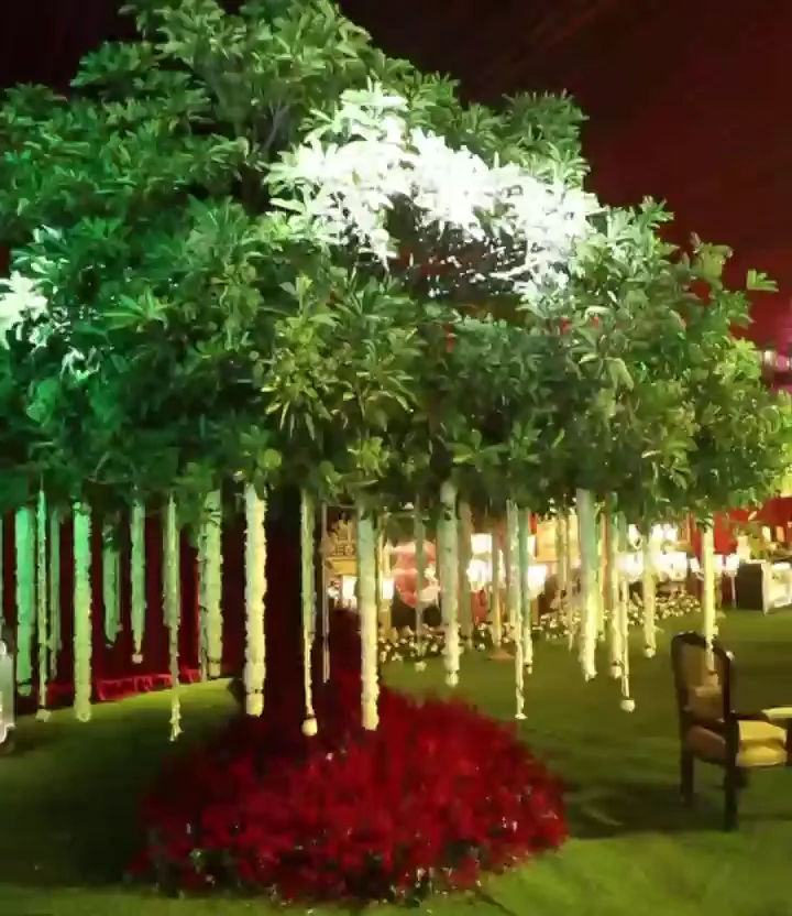Tree decorated with hanging flowers above red roses
