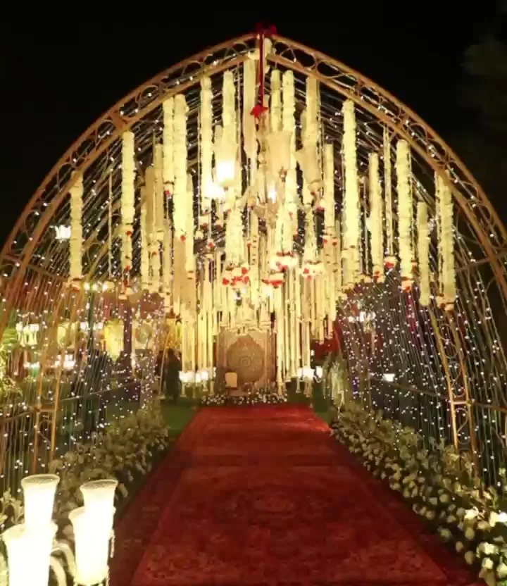 Tunnel of hanging flower strands over a red carpet